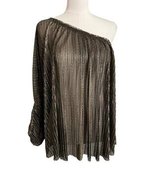 MM Couture By Miss Me One Shoulder Blouse XL XXL Gold Metallic Pleated Sheer